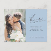 Carte Postale Script moderne Photo Mariage bleu Merci (Devant)