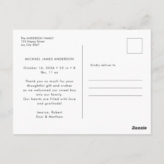 Carte Postale Script moderne Photo Merci bébé (Dos)