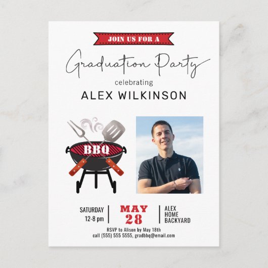 Carte Postale Script moderne Red Fun Simple Photo Graduation BBQ (Devant)