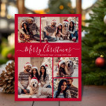 Carte Postale Script moderne rouge 5 photo Collage Noël<br><div class="desc">Elégant, moderne 5 Photo Collage Holiday Red Christmas Family Photo Cartes postales. Ce modèle festif, minimaliste, fantaisiste cinq (5) photo vacances carte de voeux avec une jolie grille photo collage et dit "Joyeux Noël"! Le texte de salutation "Joyeux Noël" est écrit dans une belle main lettré tourbillonnant swash-tail blanc script...</div>