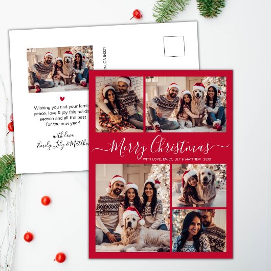 Carte Postale Script moderne rouge 5 photo Collage Noël