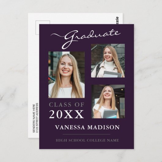 Carte Postale Script moderne violet Faire-part graduée (Devant / Derrière)