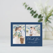 Carte Postale Script Navy Blue Deux Mariage photo Merci (Debout devant)