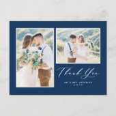 Carte Postale Script Navy Blue Deux Mariage photo Merci (Devant)