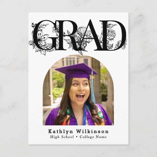 Carte Postale Script noir moderne Faire-part de graduation flora (Devant)