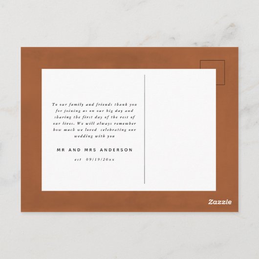 Carte Postale Script peint en rouille photo mariage merci (Dos)