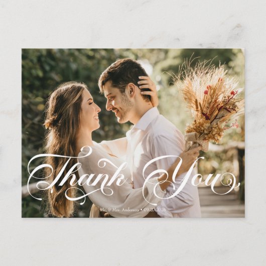 Carte Postale Script Photo de Mariage Merci (Devant)