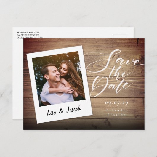 Carte Postale Script photo en bois rustique Enregistrer la date (Devant / Derrière)