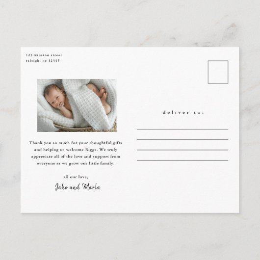 Carte Postale Script Présentation du Merci photo bébé (Dos)