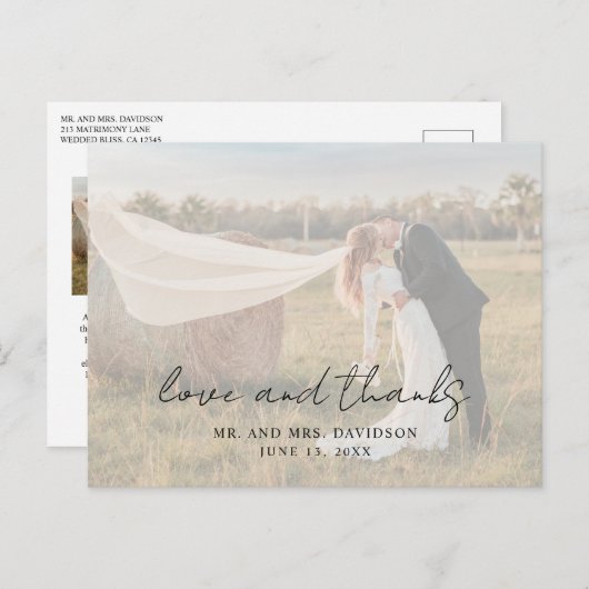 Carte Postale Script rustique Photo Mariage moderne Merci (Devant / Derrière)