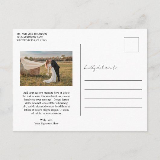 Carte Postale Script rustique Photo Mariage moderne Merci (Dos)