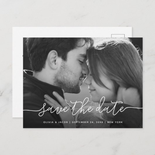 Carte Postale Script simple | Mariage photo Enregistrer la date (Devant / Derrière)
