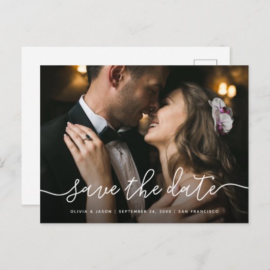 Carte Postale Script simple | Mariage photo Enregistrer la date (Devant / Derrière)