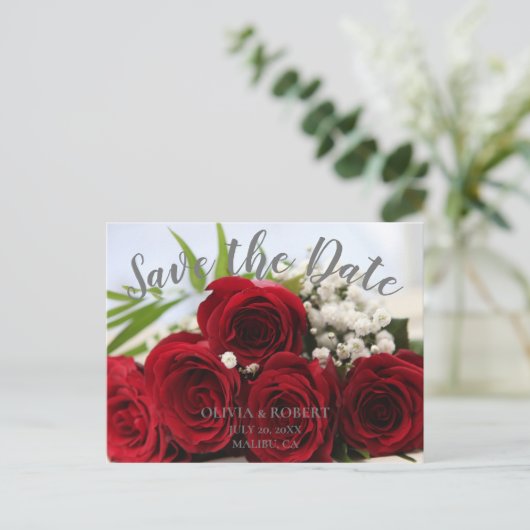Carte Postale Script simple - roses rouges Enregistrer la date (Debout devant)
