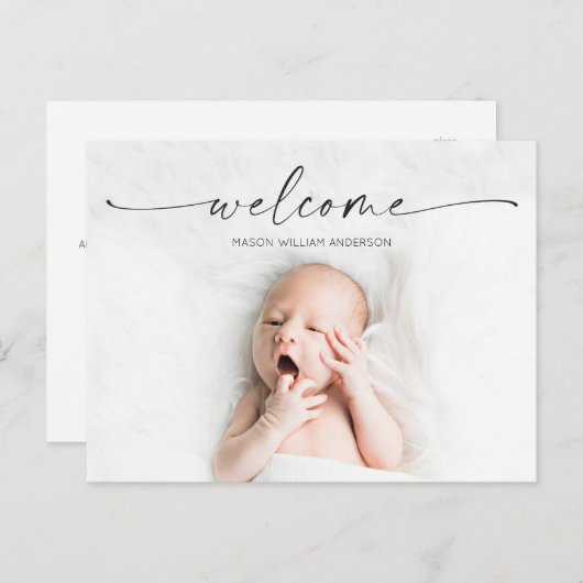 Carte Postale Script Welcome Baby Faire-part de naissance Photo (Devant / Derrière)
