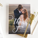 Carte Postale Script Whimsical Full Photo Mariage Merci<br><div class="desc">Cette carte postale de remerciement élégante met en valeur votre photo en l'associant avec un script de calligraphie moderne et fantastique. Ajoutez simplement vos photos et les détails de votre grand jour en utilisant le modèle fourni. Visitez notre boutique pour voir d'autres designs comme celui-ci</div>