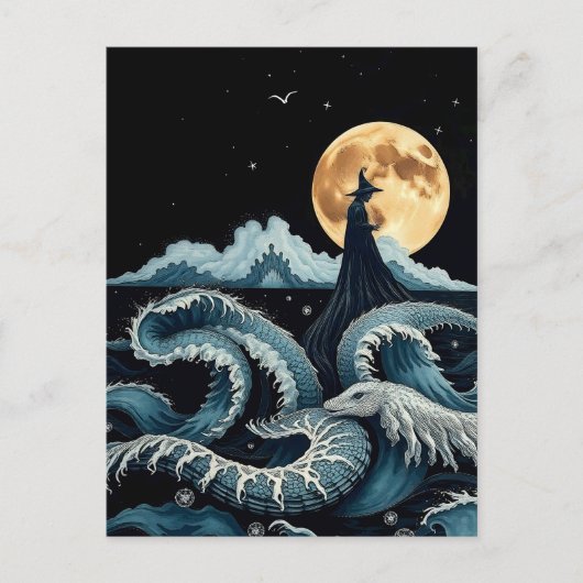 Carte Postale Sea Witch Mystical Ocean Waves Pleine lune & Serpe (Devant)