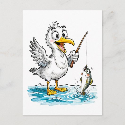 Carte Postale Seagull Fishing with Rod in Shallow Water (Devant)