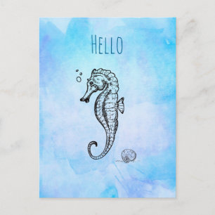 Carte Postale Seahorse et Seashell sur Blue Watercolor Bonjour