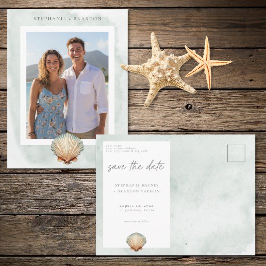 Carte Postale Seashell Watercolor Minimal Beach Photo Save Date