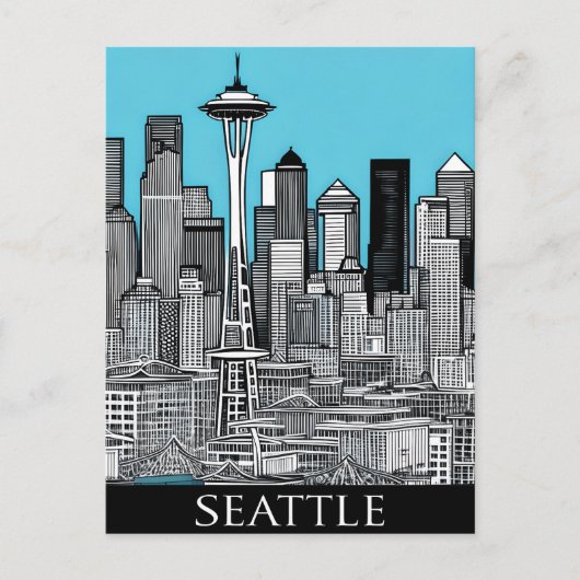Carte Postale Seattle Washington Cityscape en noir et blanc (Devant)