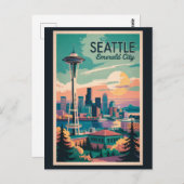 Carte Postale Seattle Washington Skyline Travel Art Vintage (Devant / Derrière)