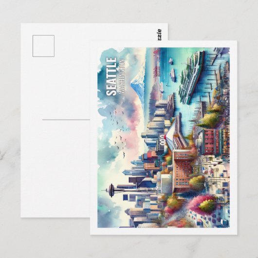Carte Postale Seattle Washington USA Famous Place aquarelle (Devant / Derrière)