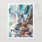Carte Postale Seattle Washington USA Famous Place aquarelle (Devant)