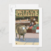 Carte Postale SeattleFish Toss et Bronze Pig à Pike Place (Devant / Derrière)