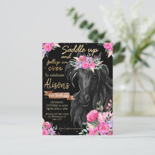 Carte Postale Sellez Or Cheval Noir Cowgirl Anniversaire (Debout devant)