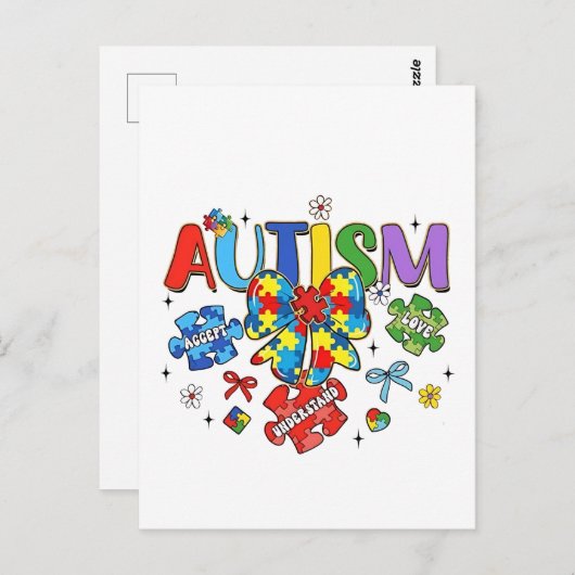 Carte Postale Sensibilisation sur l'autisme Bow Coquette Puzzle  (Devant / Derrière)