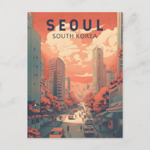 Carte Postale Séoul Corée du Sud Illustration Art Vintage