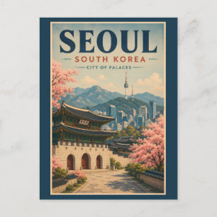 Carte Postale Séoul Corée du Sud Illustration Voyage Art Vintage