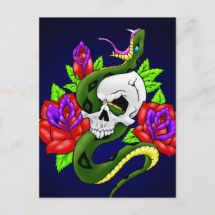 Carte Postale Serpent, crâne et Roses