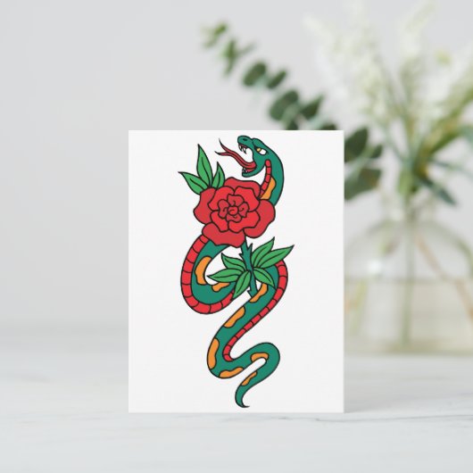 Carte Postale Serpent enveloppé autour d'un tatouage rose rouge (Debout devant)