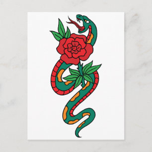 Carte Postale Serpent enveloppé autour d'un tatouage rose rouge