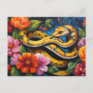 Carte Postale Serpent Jaune dans le Jardin Floral Coloré Vibrant