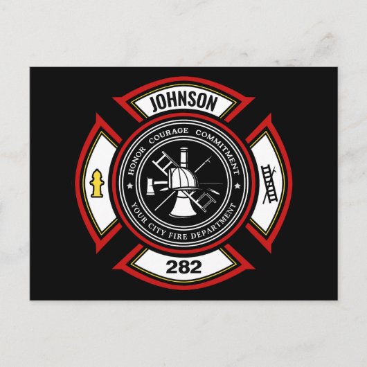 Carte Postale Service d'incendie AJOUTER LE NOM Pompier Insigne (Devant)