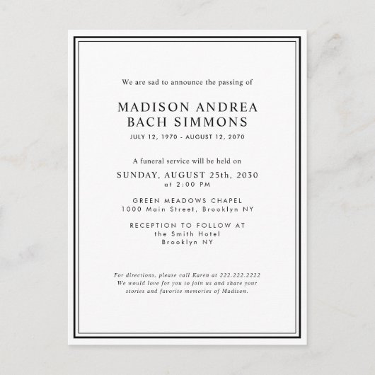 Carte Postale Service funéraire moderne élégant Célébration de l (Devant)