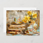 Carte Postale Shabby chic Daffodils on a stacked antique books (Devant / Derrière)
