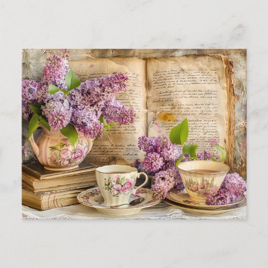Carte Postale Shabby chic Lilac Bunch à Antique Coffee Pot (Devant)