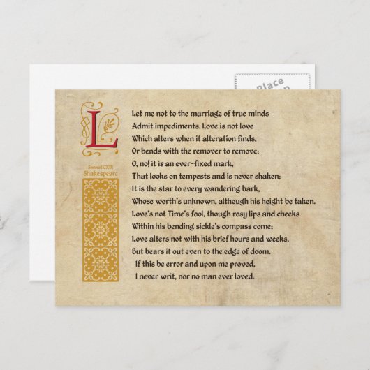Carte Postale Shakespeare Sonnet 116 (CXVI) sur Parchemin (Devant / Derrière)