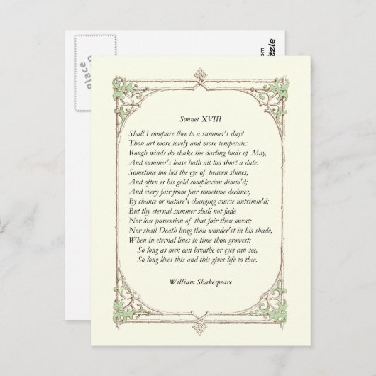 Carte Postale Shakespeare Sonnet # 18 (Devant / Derrière)