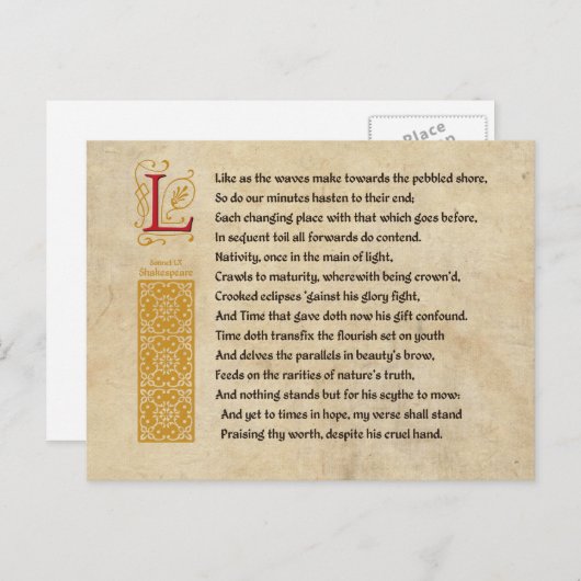 Carte Postale Shakespeare Sonnet 60 (LX) sur Parchemin (Devant / Derrière)
