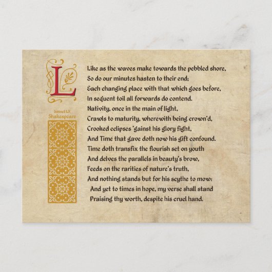Carte Postale Shakespeare Sonnet 60 (LX) sur Parchemin (Devant)