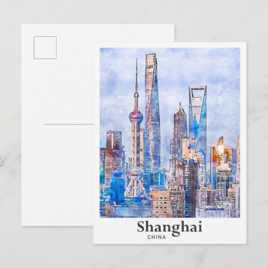 Carte Postale Shanghai Chine Aquarelle Sketch Dessin Main (Devant / Derrière)