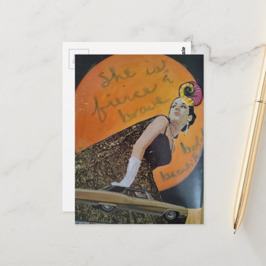 Carte Postale She is fierce and brave bold collage (Devant/Arrière en situation)