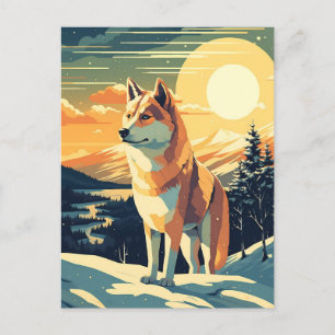 Carte Postale Shiba Inu dans les montagnes enneigées au coucher