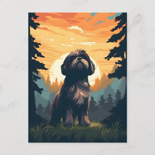 Carte Postale Shih Tzu en forêt au coucher du soleil (Devant)