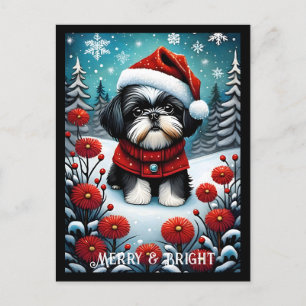 Carte Postale Shih Tzu Snowflower Meadow Père Noël Chien Noël